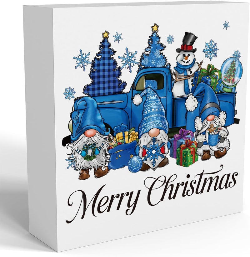 FXEFXE Blue Christmas Decorations, Christmas Gnomes Decorations Indoor, Snowman Snowflake Sign Gift for Women Friends, Rustic Wooden Box Sign for Home Shelf Office Bedroom Desk Decor 5x5 Inches - Image 1